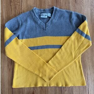VTG Vanity Nordic Gear Grey and Yellow Striped V-neck Sweater Size L
